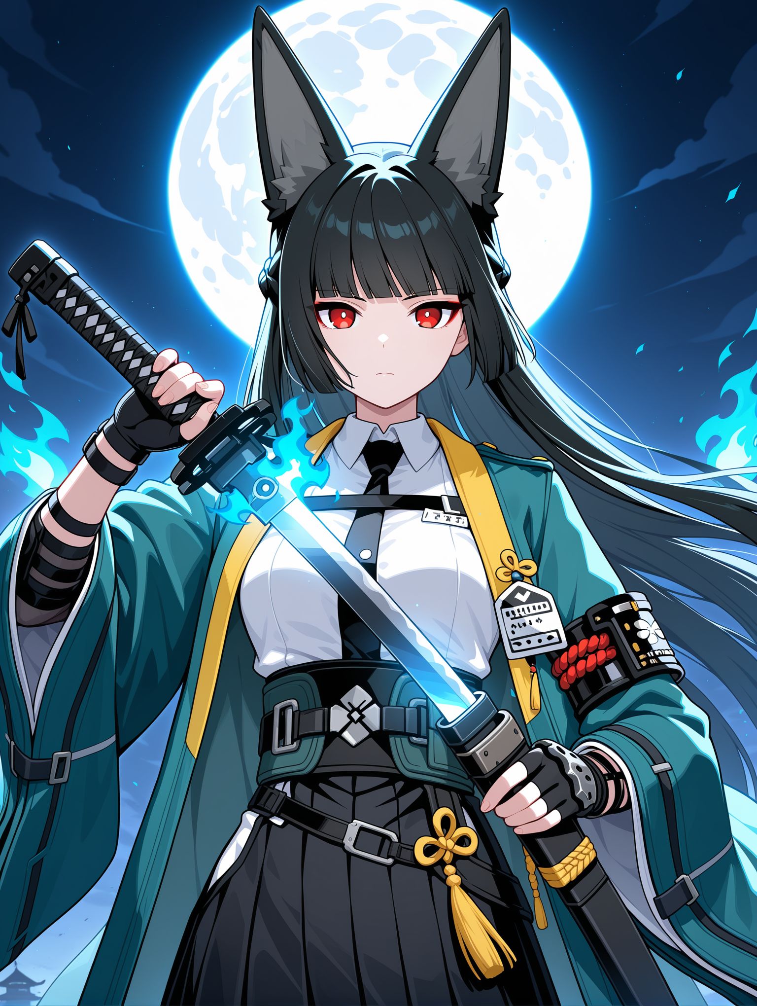 18027-1557144641-1girl, hoshimi miyabi, animal ears, black hair, black skirt, blue fire, blunt bangs, facing viewer, fingerless gloves, fire, fox.jpg
