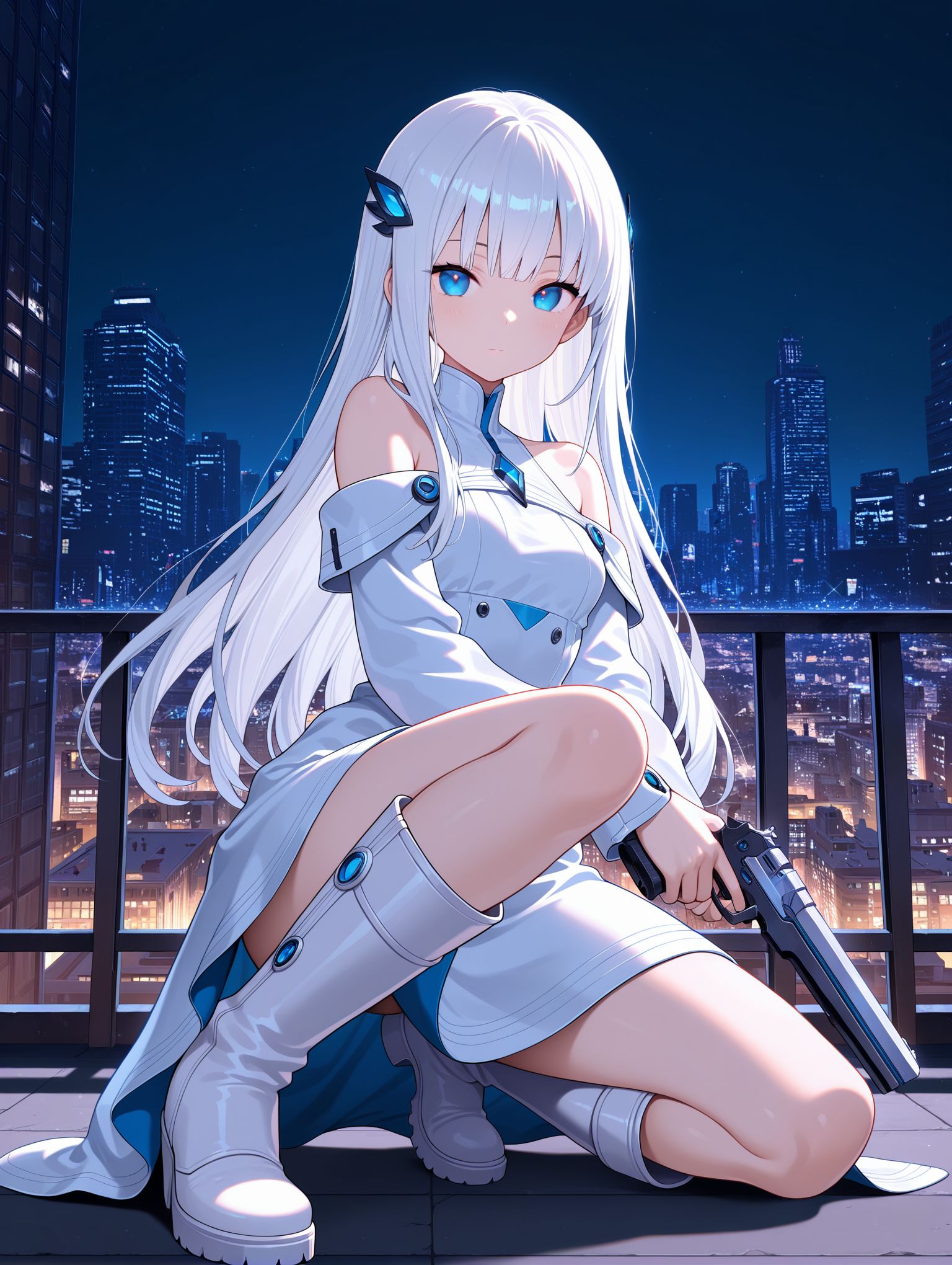 18089-3034640247-1girl, long hair, gun, weapon, blue eyes, holding gun, hair ornament, one knee, holding weapon, holding, white hair, building, l.jpg